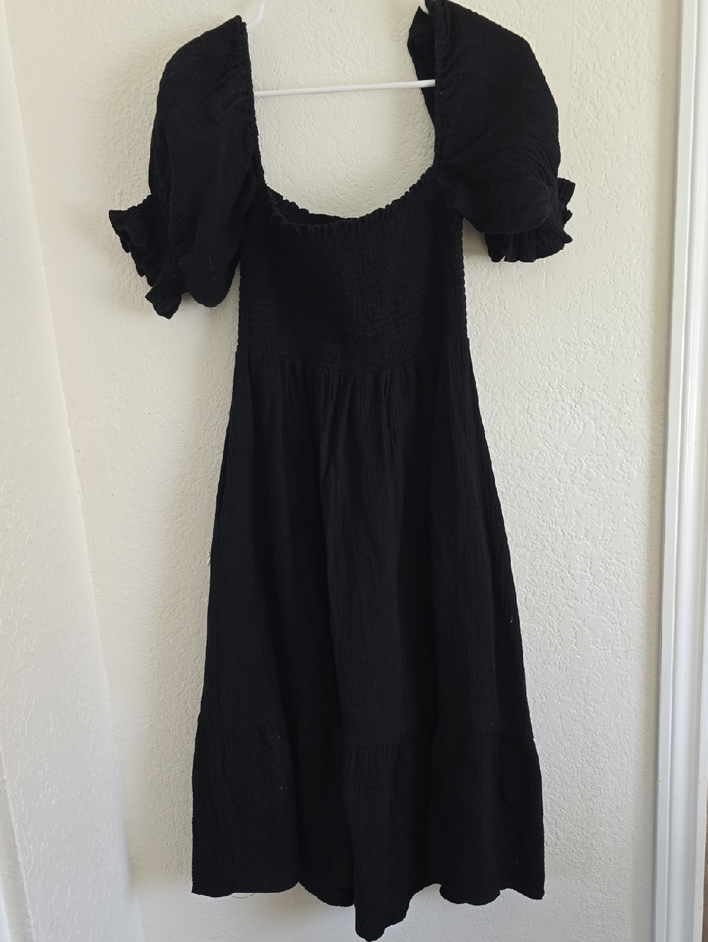 Smocked Black Midi Dress with Puff Sleeves
